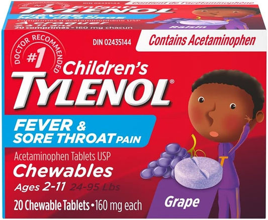 TYLENOL CHILD FEVER & THROAT PAIN GRAPE ACETAMINOPHEN CHEW 20 TABLETS