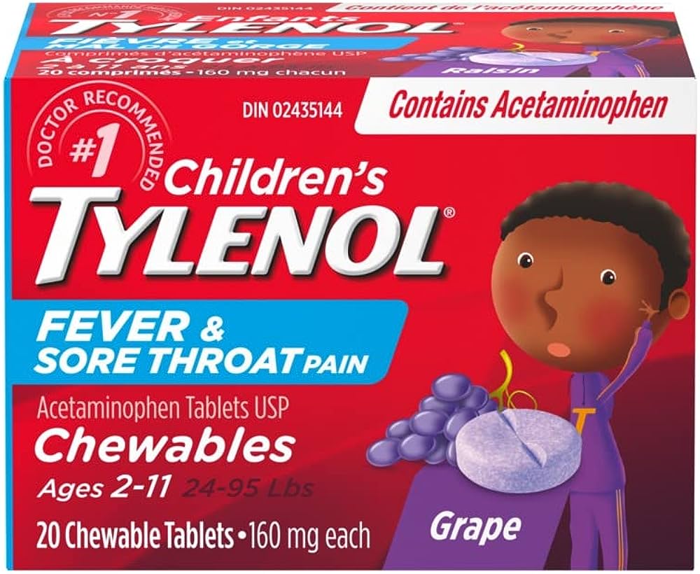 TYLENOL CHILD FEVER & THROAT PAIN GRAPE ACETAMINOPHEN CHEW 20 TABLETS